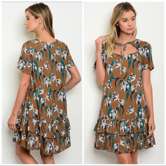 Dresses & Skirts - Floral Linen Cheongsam Ruffle Tier Mocha Brown Leafy Green Women's Doll Dress